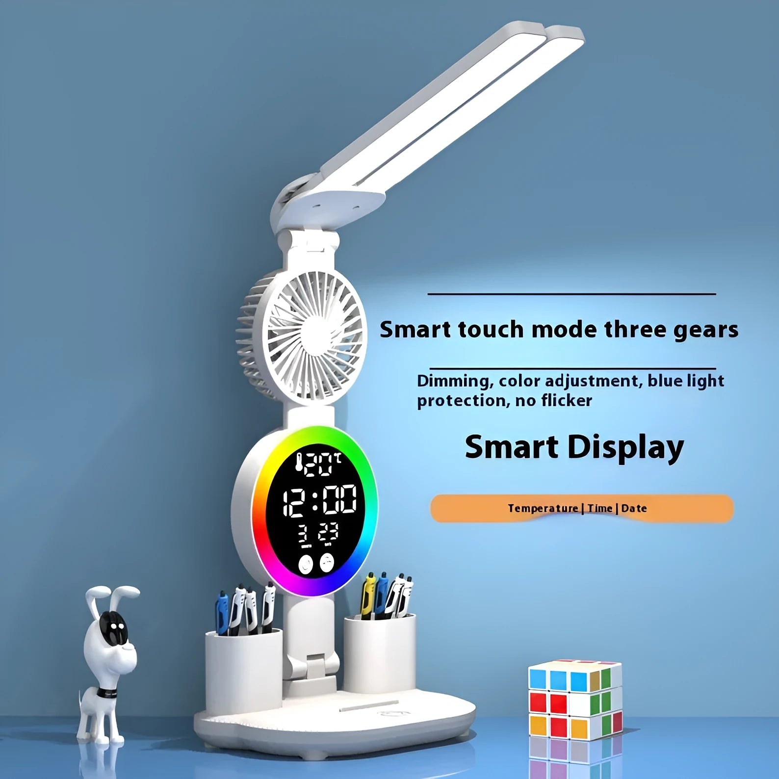 LED student rechargeable desk lamp with clock and fan option, USB powered, modern design