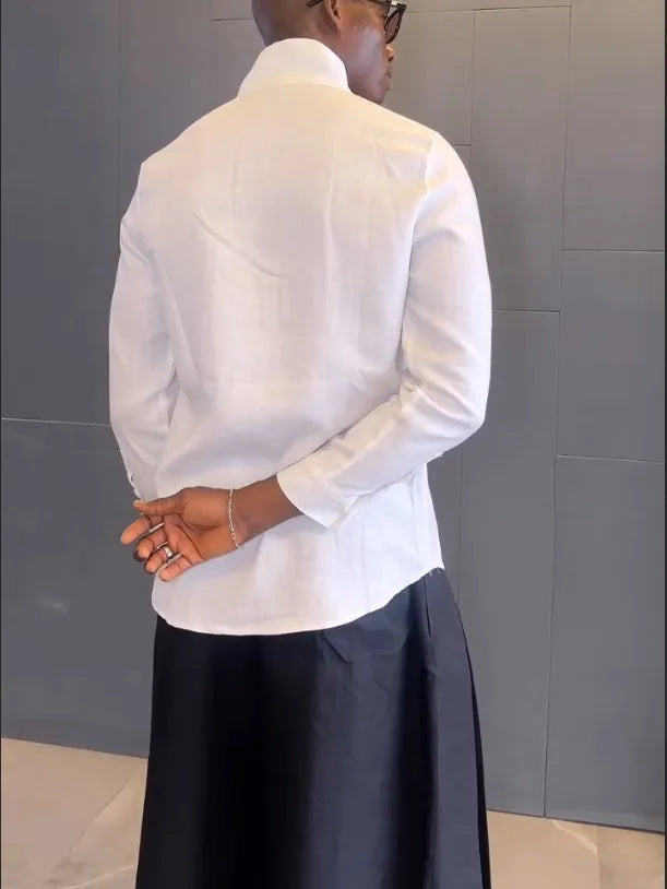 Women's white asymmetrical front long sleeve shirt with black pleated trousers casual set
