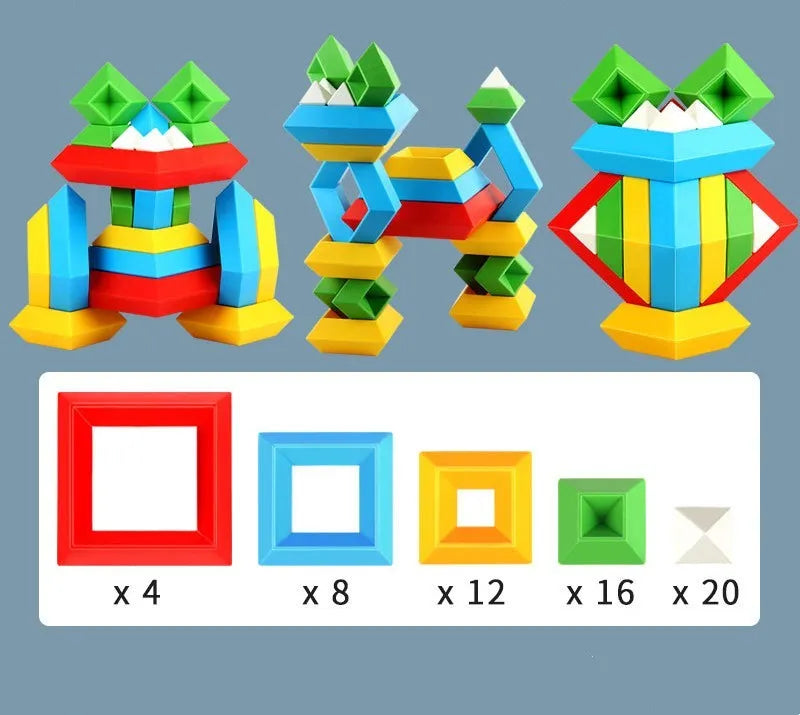 Kids rainbow tower ring wooden jenga style building blocks set with three coloured plastic towers for shape and colour learning