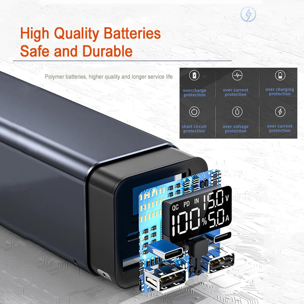 Black metal 65W laptop power bank with 20000mAh capacity showing size next to a laptop.
