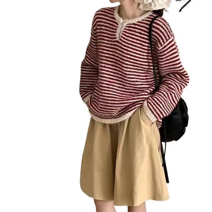 Women's red and blue striped cashmere pullover sweater with plaid patterns and long sleeves