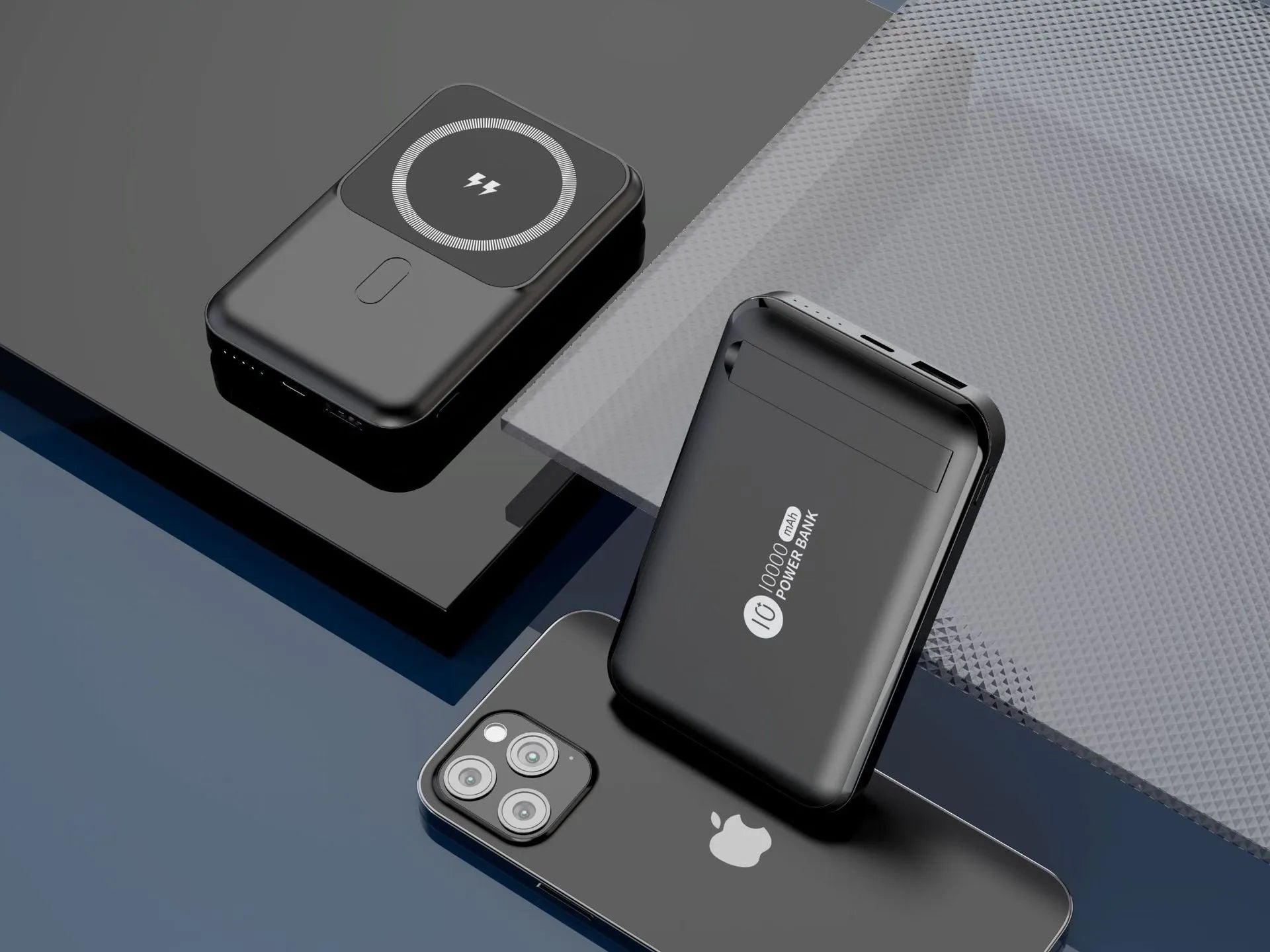 Magnetic wireless charging power bank with folding bracket showing capacity options and colour variations