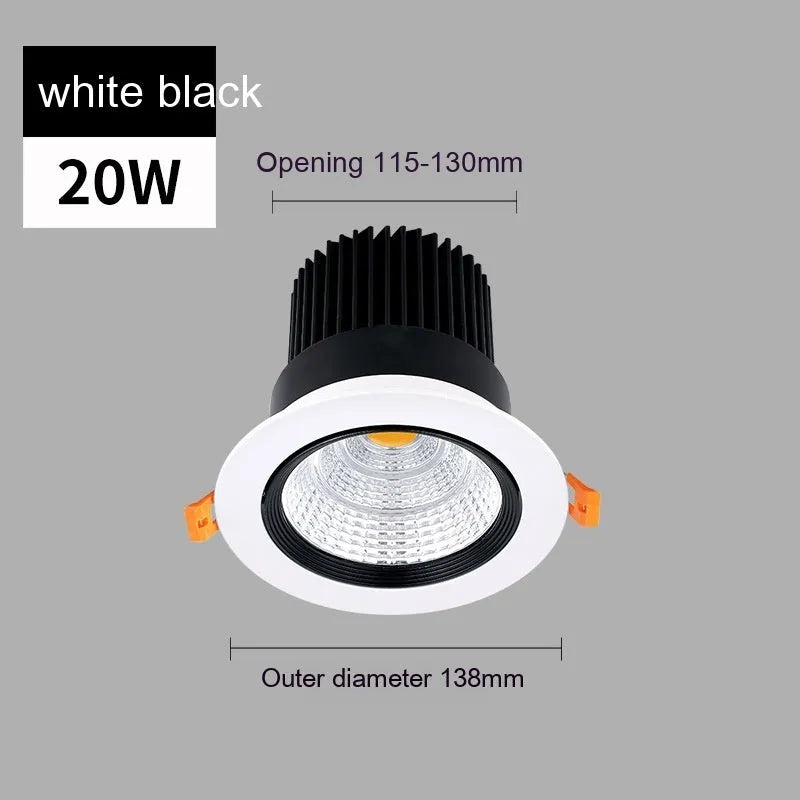 LED embedded ceiling spotlight with aluminium housing showing three colour temperature options and hole size measurements