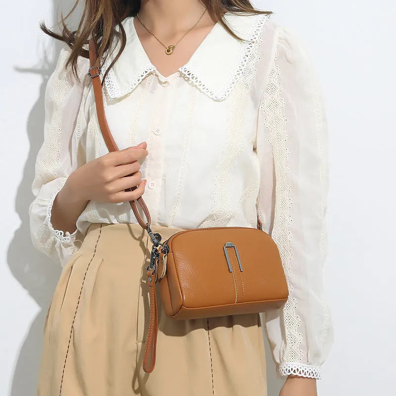 Women's genuine leather shoulder bag in horizontal square shape, shown in dark khaki colour