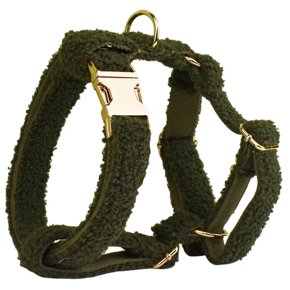 Army green velvet-look polyester dog collar, lead, bow and vest four-piece pet set in sizes XS to XL