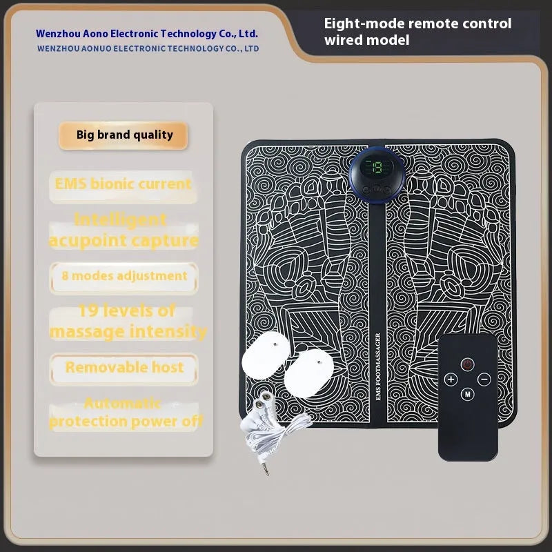Rechargeable reflexology foot massager mat with foot pad and remote control on floor