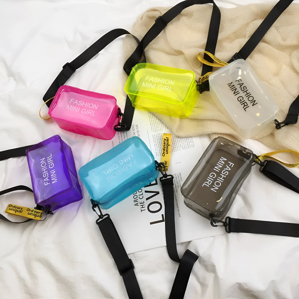 Transparent square jelly women's shoulder bag with a diagonal cross strap, shown in multiple colours.