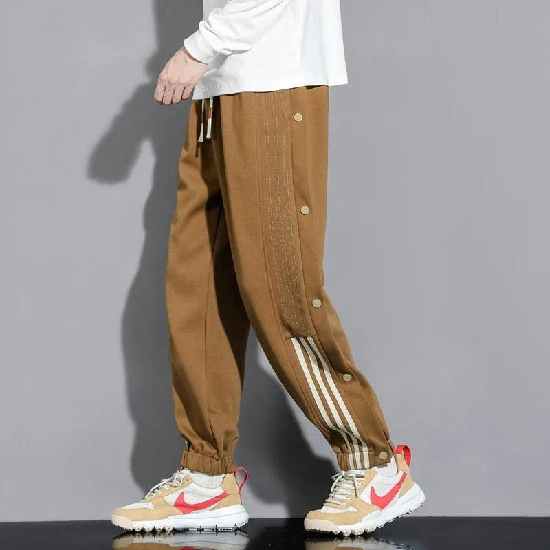 Men's loose fit cotton blend sweatpants with ankle ties and high waist elastic drawstring