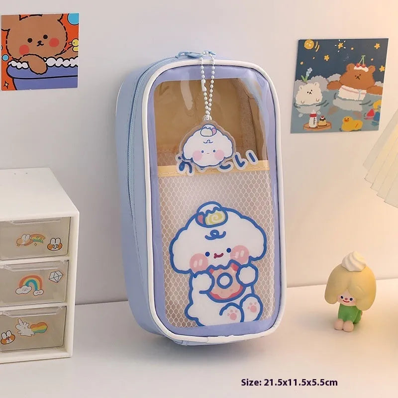 Transparent cartoon pencil case with caramel bear design and large capacity for student stationery