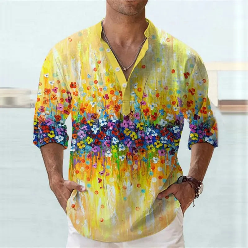 Man wearing striped bamboo hemp short sleeve shirt in British style, showing colour options S9570135 and S9577167.