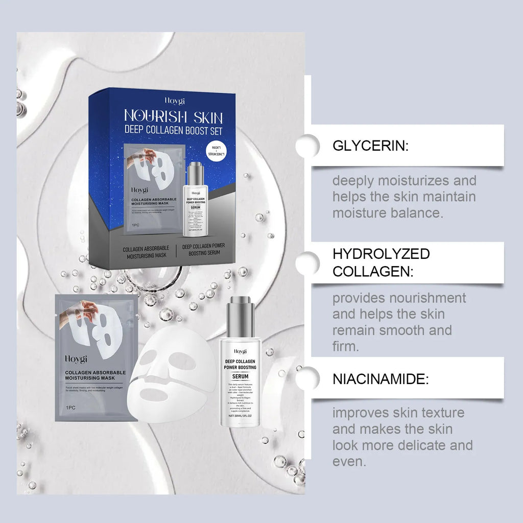Collagen moisturising skincare set with a gel mask and a 30ml bottle of facial essence.
