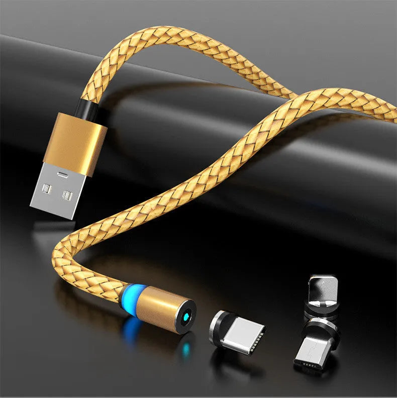 Breathing light magnetic charging cable with LED indicator and interchangeable Lightning, USB-C, and Micro USB tips.