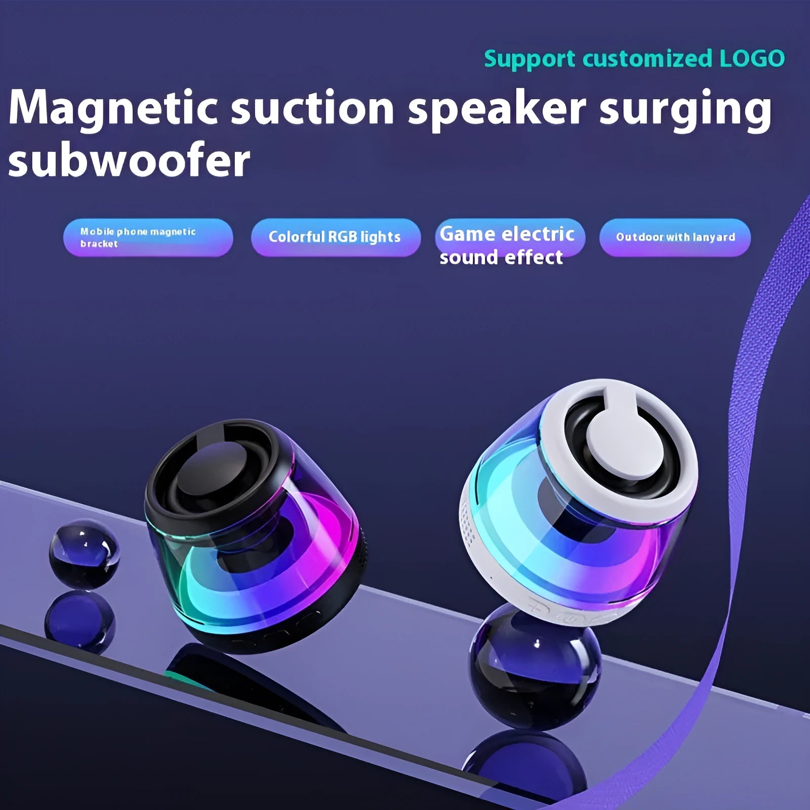 Portable white Bluetooth speaker with magnetic base, mood light, and card slot on a desk.