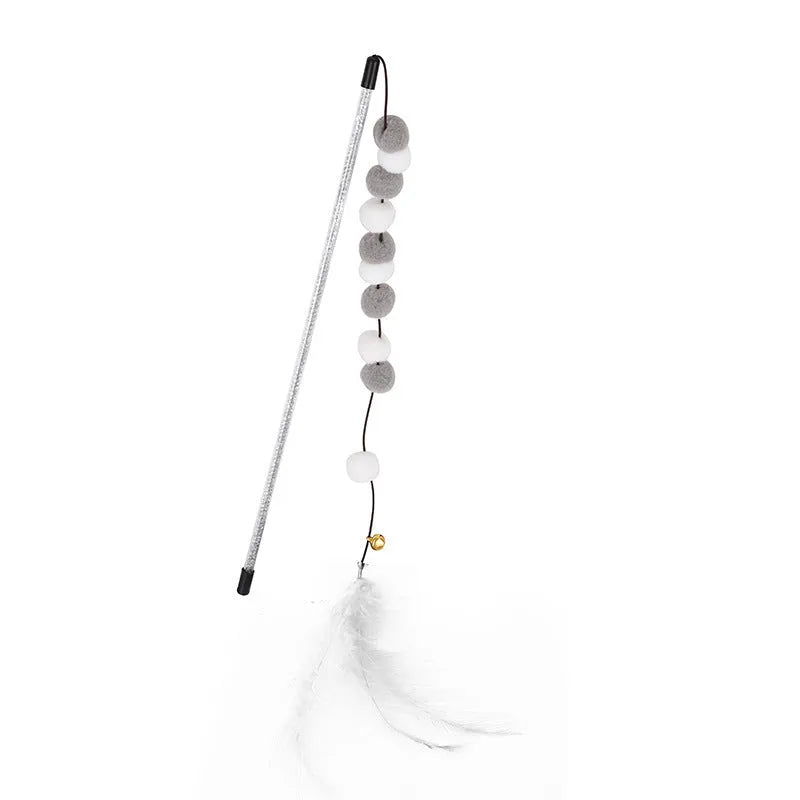 31cm long cat teaser rod with colourful pompons and feather toys for interactive play