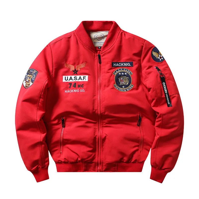 Slim-fit men's stand collar coat with retro embroidery and patch pockets