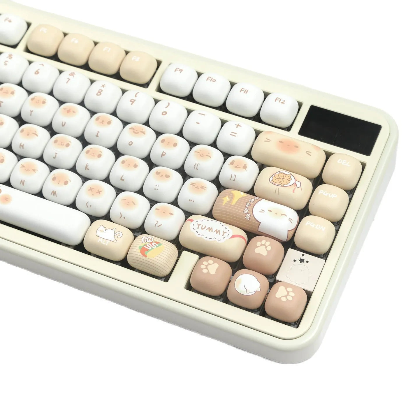 PBT mechanical keyboard keycap set showing 7u march past steamed bread and cat design.