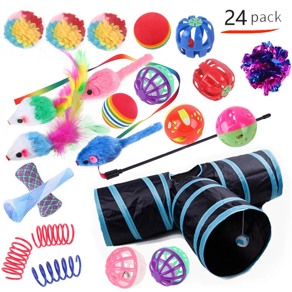 Plastic cat channel tunnel toy set showing single and double layer designs