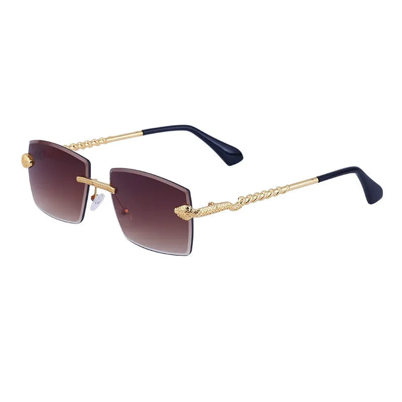 Rimless sunglasses for men with UV400 PC lenses and wood-grain arms, shown in one of six colour options.