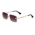 Rimless sunglasses for men with UV400 PC lenses and wood-grain arms, shown in one of six colour options.