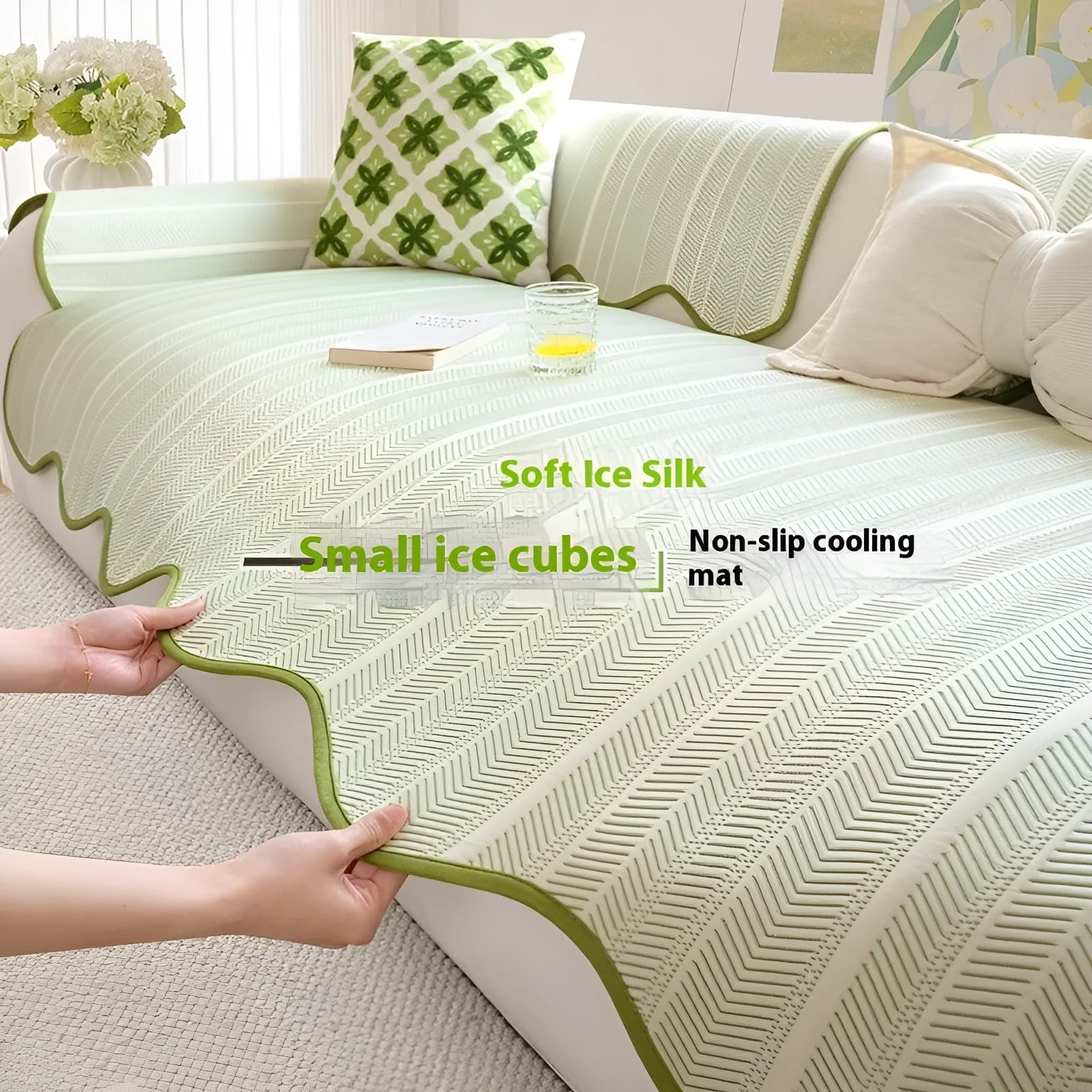 Ice Silk special-pattern sofa cover in Cloud Grey, showing straight row mat non-slip construction.