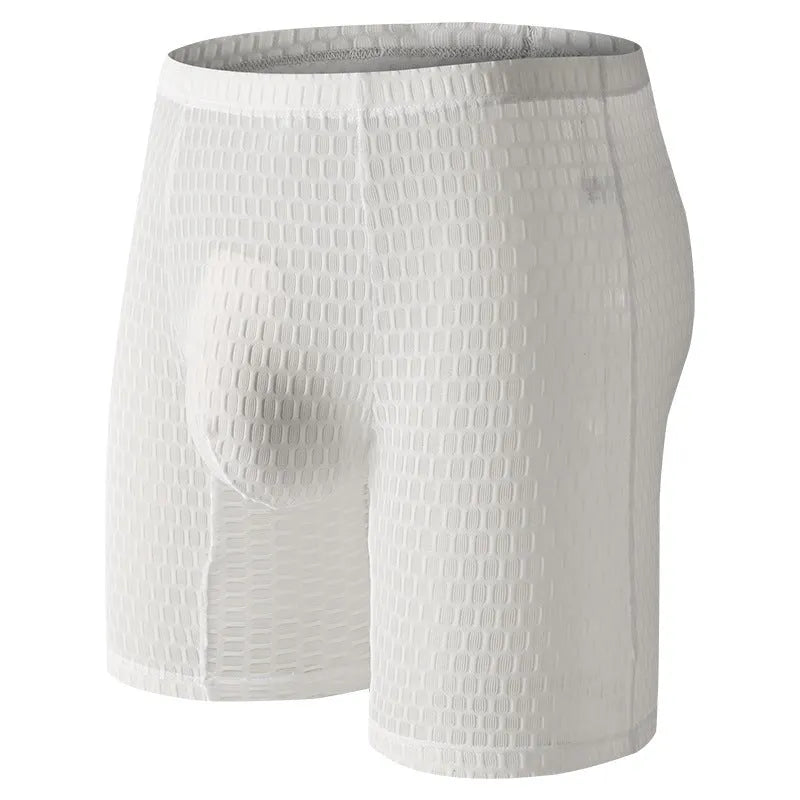 Men's solid colour lace boxer shorts with a hip lifting shaping design