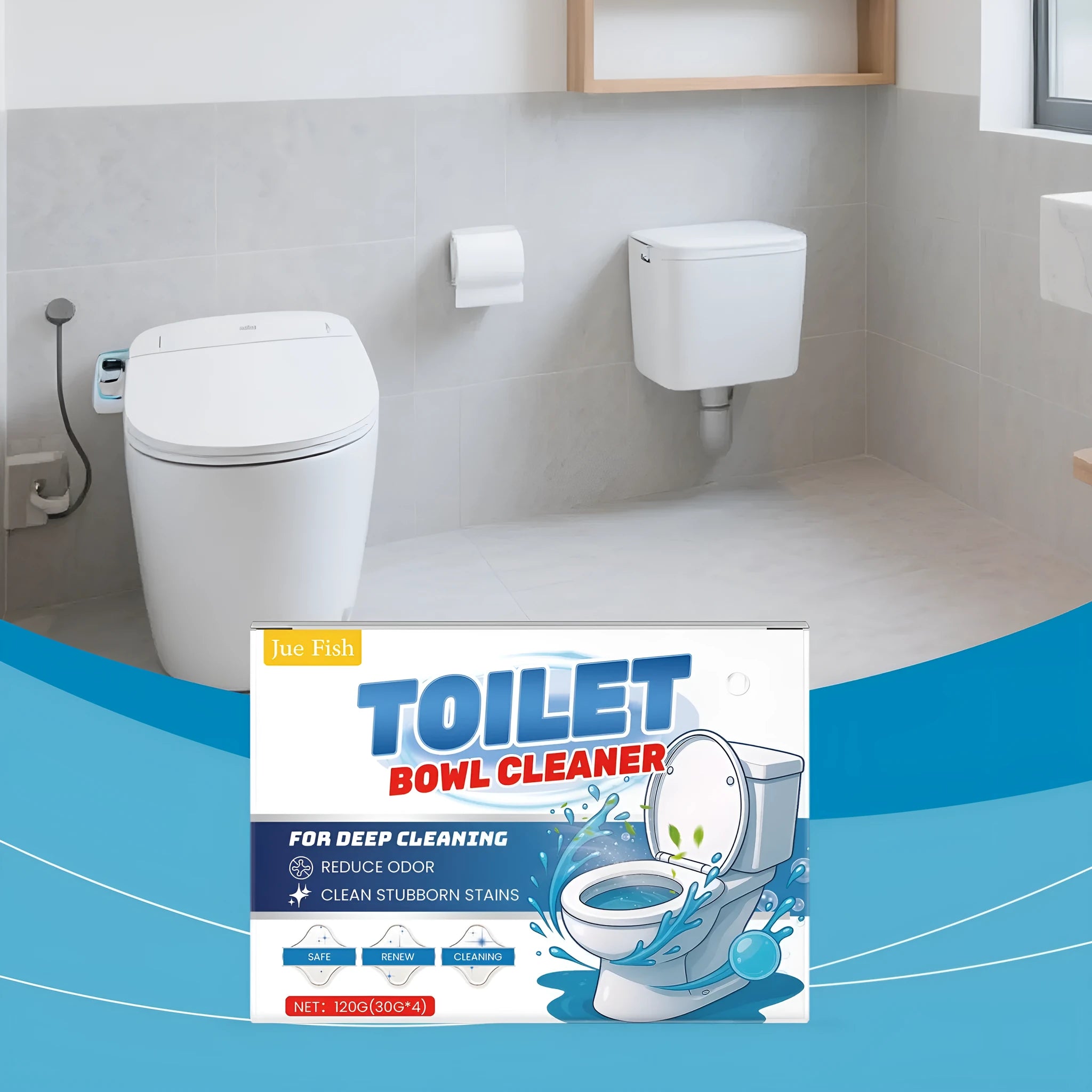 Pack of four 30g sachets of toilet cleaning powder for urine stain and odour removal.