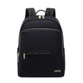 Large black oxford cloth women's backpack with anti-theft compartments and padded straps.