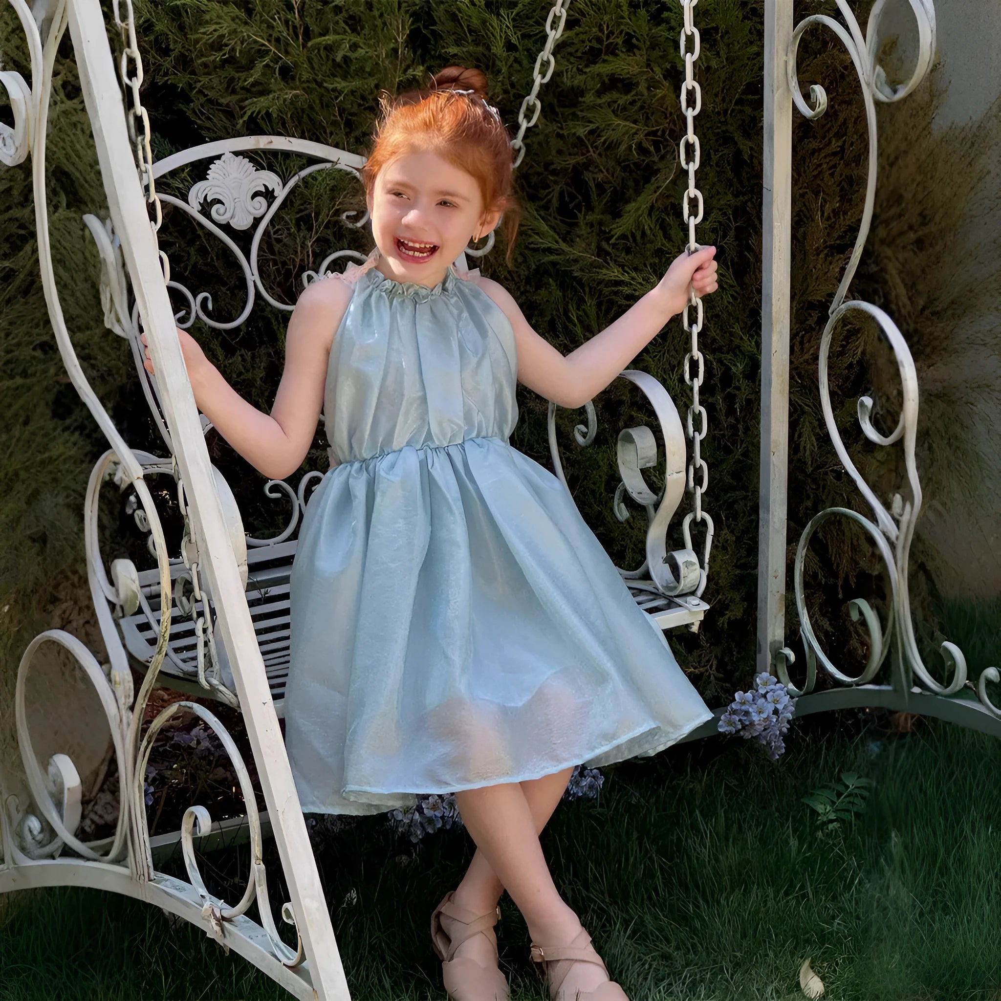Girls backless sleeveless dress light blue suspender style cotton lined 90-140cm children summer wear