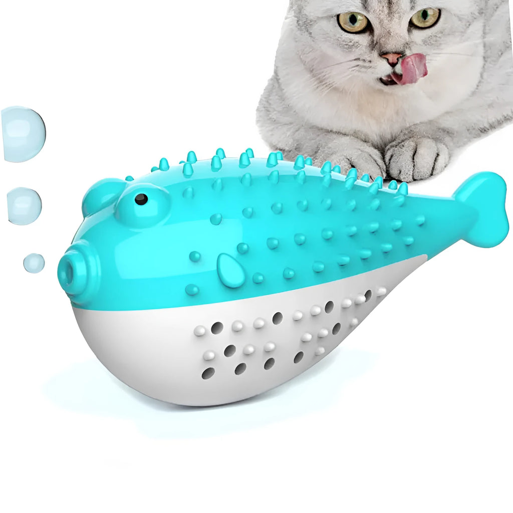 Silicone cat chew toy fish design with toothbrush cleaning function in blue, green, pink, or yellow colour