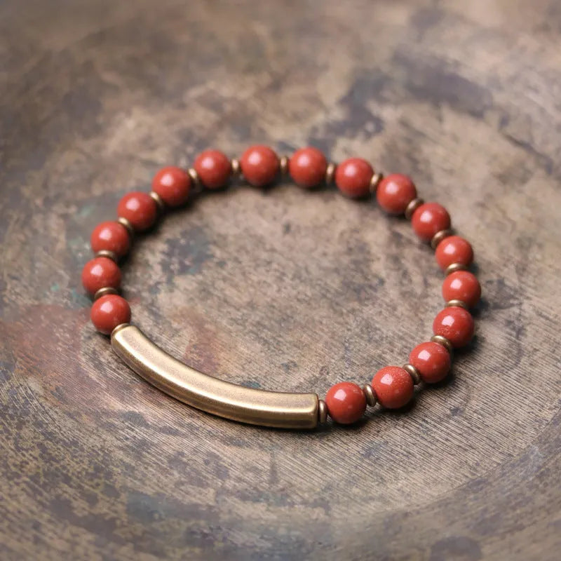 Layered retro ethnic bracelet with stone beads in water grass agate, obsidian, and red jasper colours