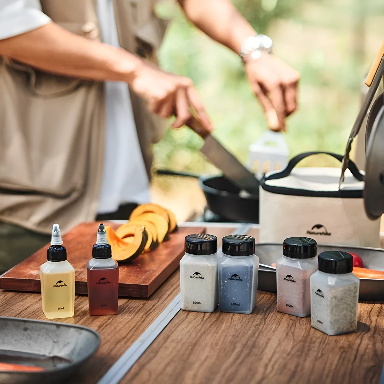 Naturehike six clear plastic portable seasoning bottles with black lids, modern simple design.