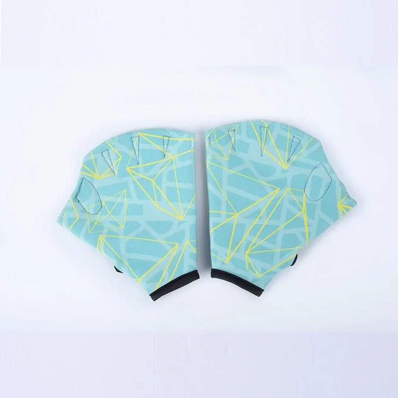 Green print duck foot webbed swimming glove for outdoor water training.