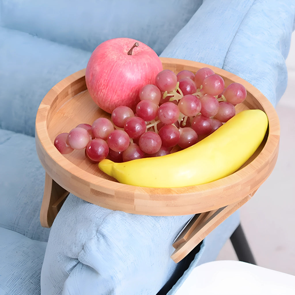 Wooden clip-on sofa armrest tray with carved surface in bamboo original colour