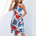 Women's sleeveless floral print short dress in polyester for spring and summer.