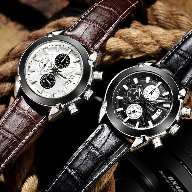 Men's multifunctional quartz chronograph watch with three subdials on a black or brown dial.