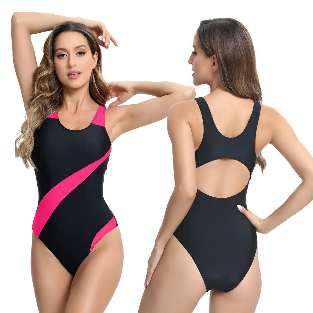 Women's sleeveless one-piece polyester swimsuit in rose red, blue or white colours