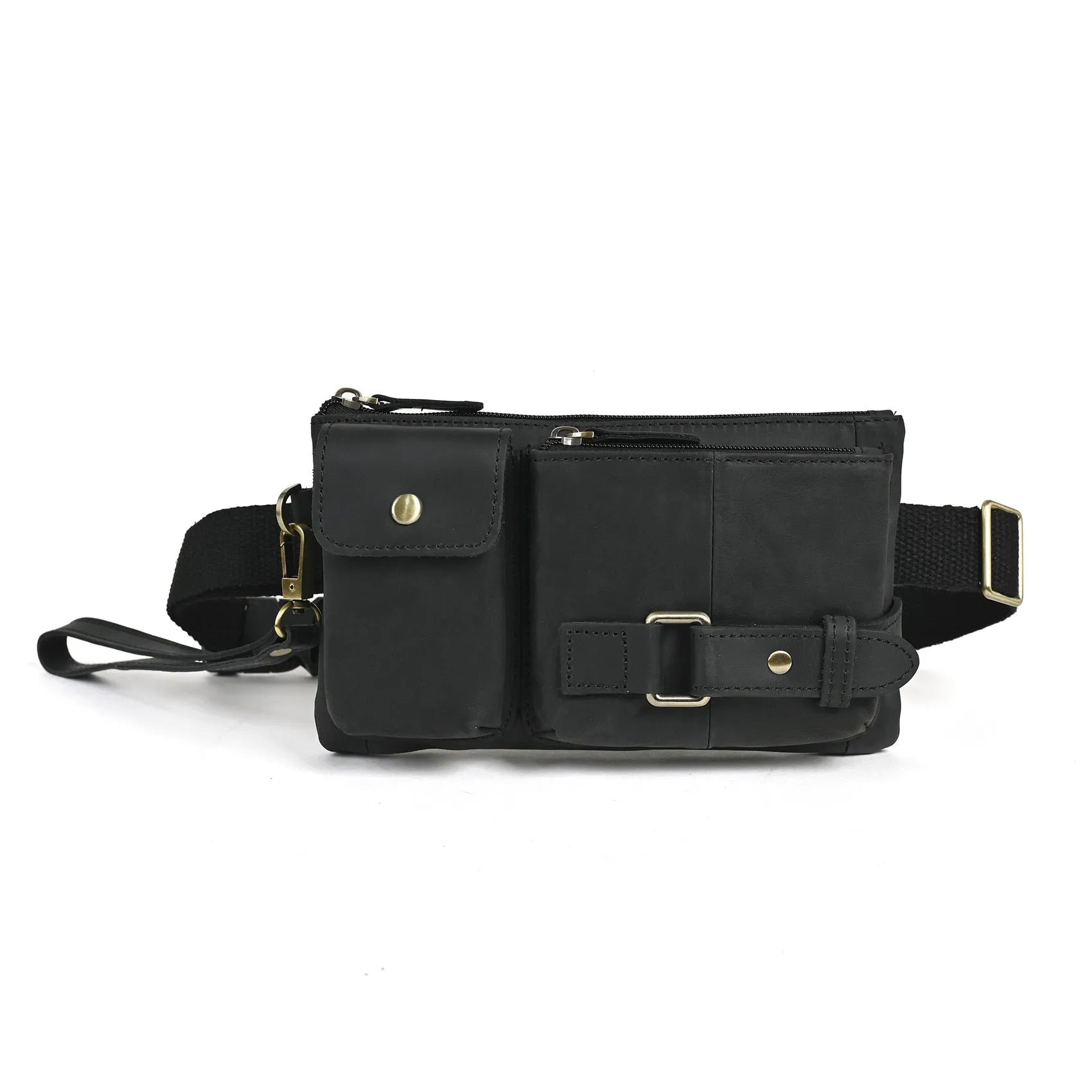 Men's genuine cowhide leather chest bag in solid colour with crossbody strap