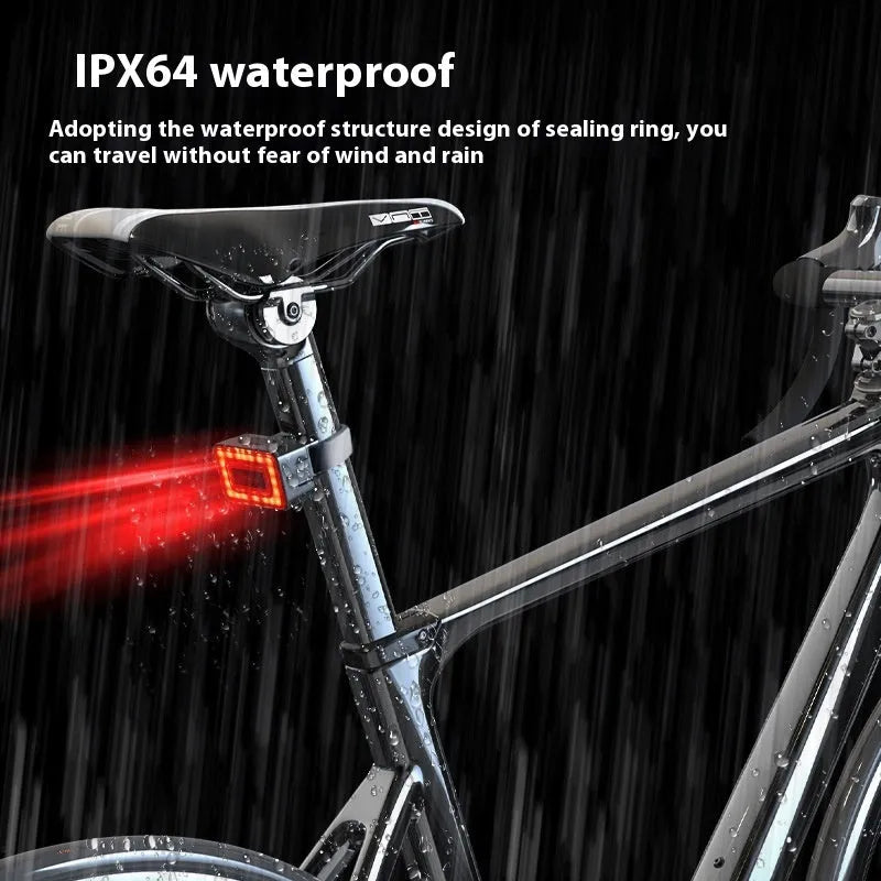 Black radar bicycle taillight with dual mounting bracket, showing TYPE-C charging port and LED lens.