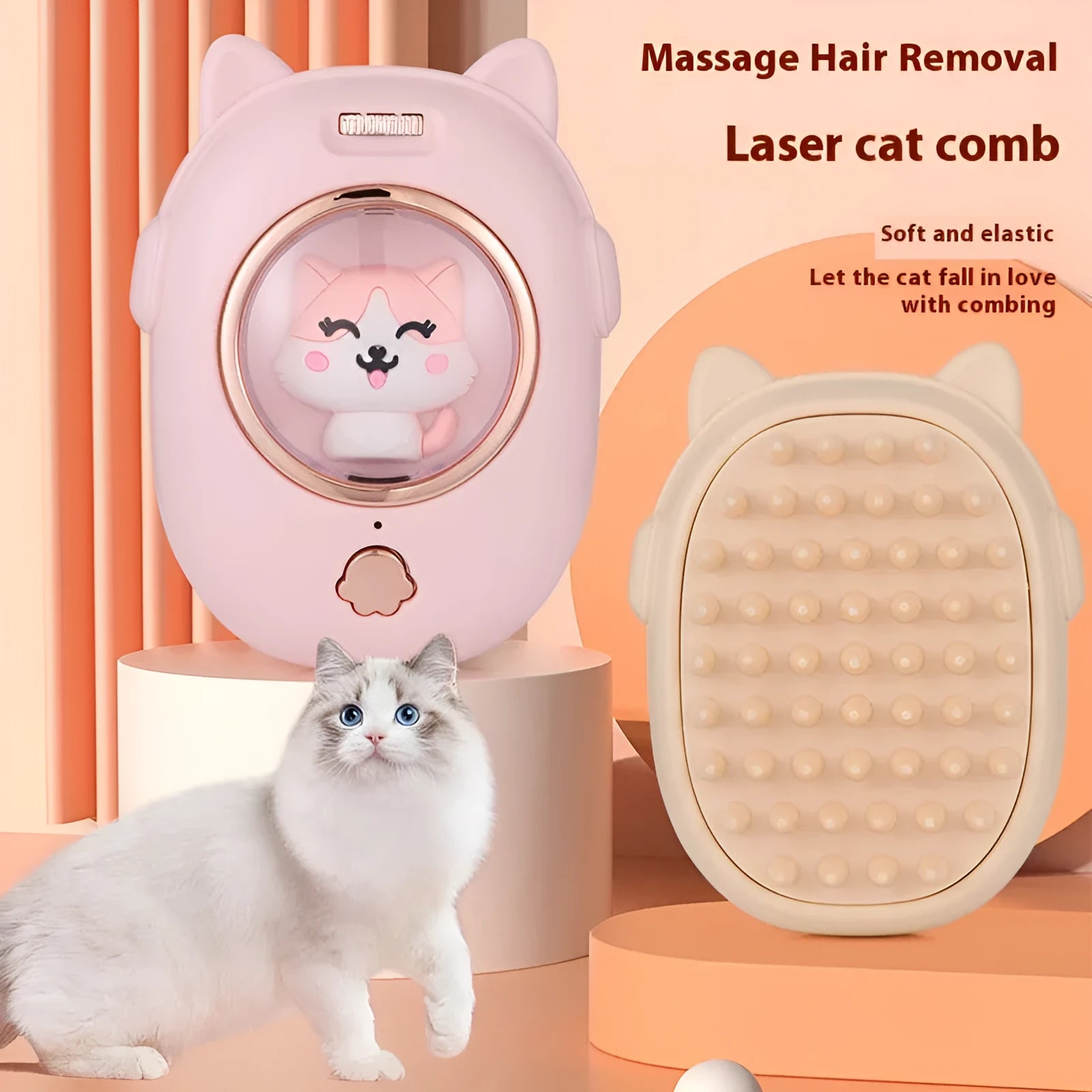 Pink and yellow multifunctional pet comb with built-in laser light for grooming cats and dogs