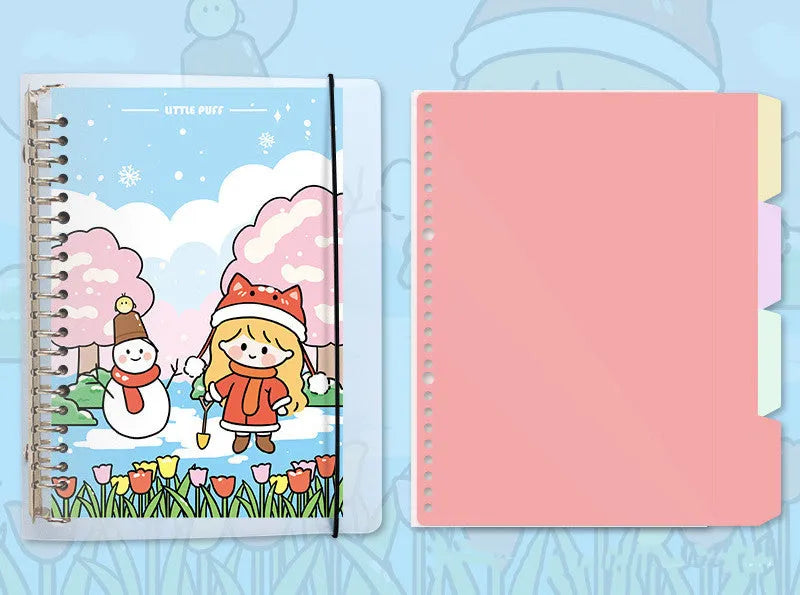 B5 replacement core notebook for detachable big coil binders with whimsical design options showing Snowman, Autumn Travel, Dessert House and Little Witch themes