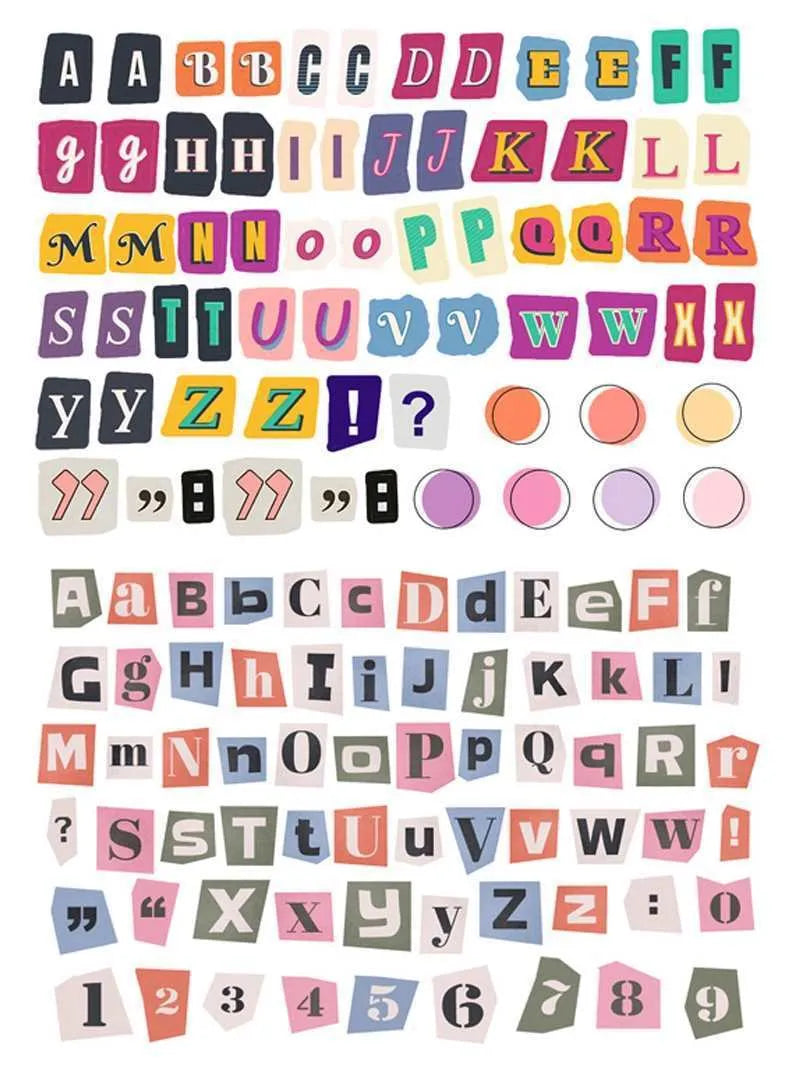 A4 sheet of colourful English alphabet, number, and word stickers in a cute style for decoration and organisation.
