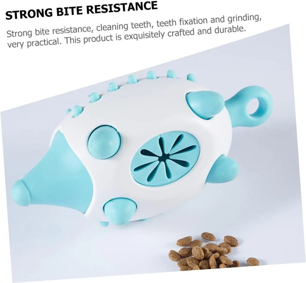 Blue wear-resistant treat dispensing dog toy with squeaky ball on white background