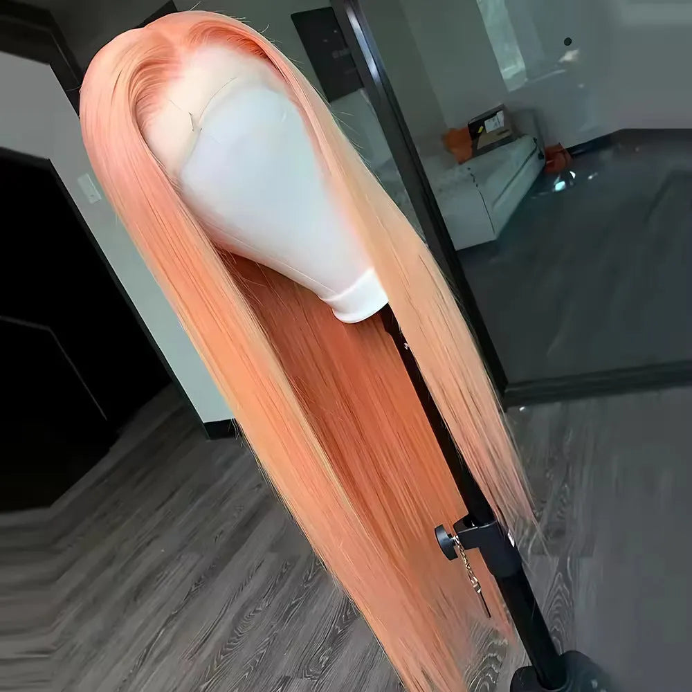 Light orange long straight lace front wig with side bangs on a wig head.