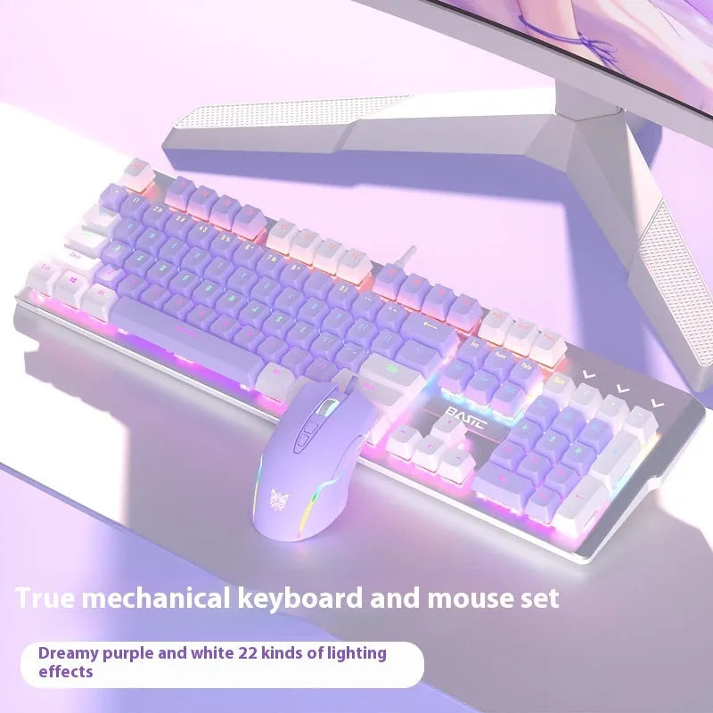 White and purple wired mechanical keyboard and mouse combo set with backlight illumination