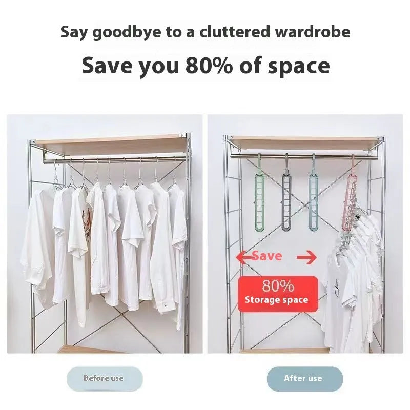 Green nine-hole plastic folding hanger for trousers and skirts showing multiple garment hanging points