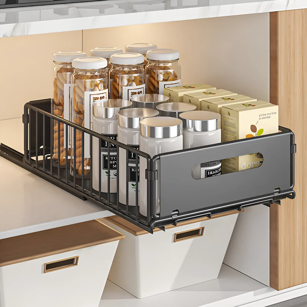 Punch-free folding carbon steel snack storage rack in black on a kitchen countertop