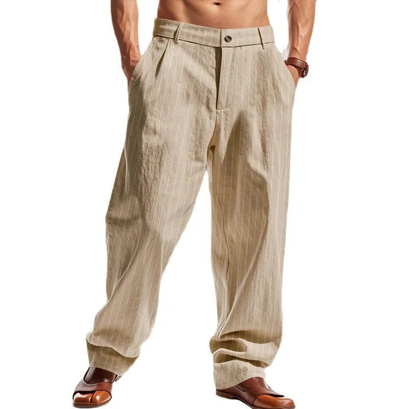 Men's linen striped trousers with straight loose fit, wide legs, and high waist in light blue colour
