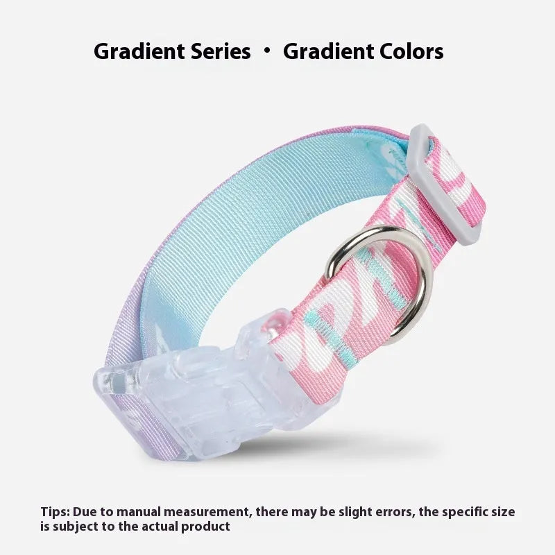 Adjustable nylon dog collar with a colourful cartoon gradient print and a metal D-ring, shown in panda green.
