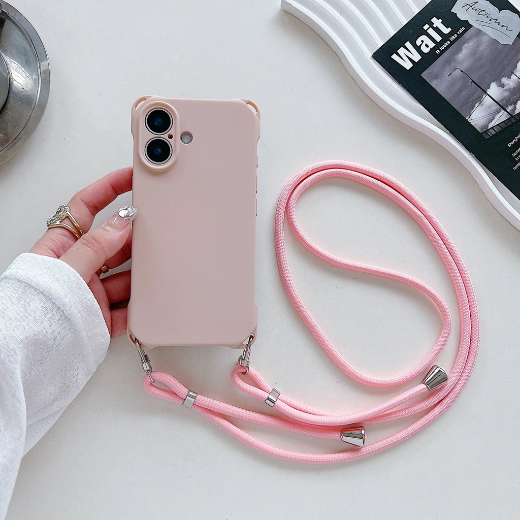 Four-corner cross lanyard liquid silicone iPhone case in black, antique white, pink, Camellia red, cobalt blue, Primrose purple or dark purple