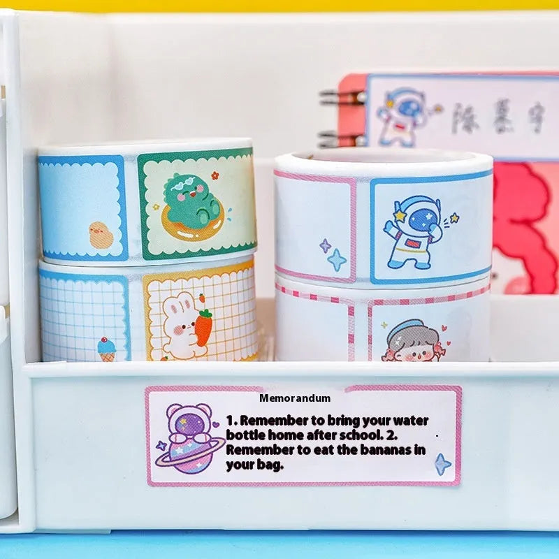 Cartoon name tape stickers roll with dinosaur, astronaut, rabbit, and girl design options